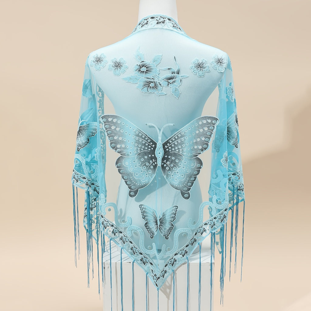 Breathable Embroidered Triangle Scarf 29.5 in x 55.1 in (75 x 140 cm) Lace Tassel Shawl Wrap