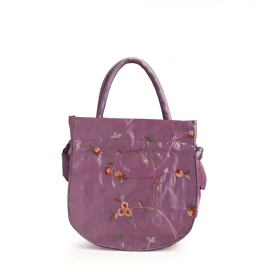 Elegant Floral Embroidered Drawstring Clutch – Cute Bucket Purse with Polyester Lining for Coins & Phone (Multiple Colors)