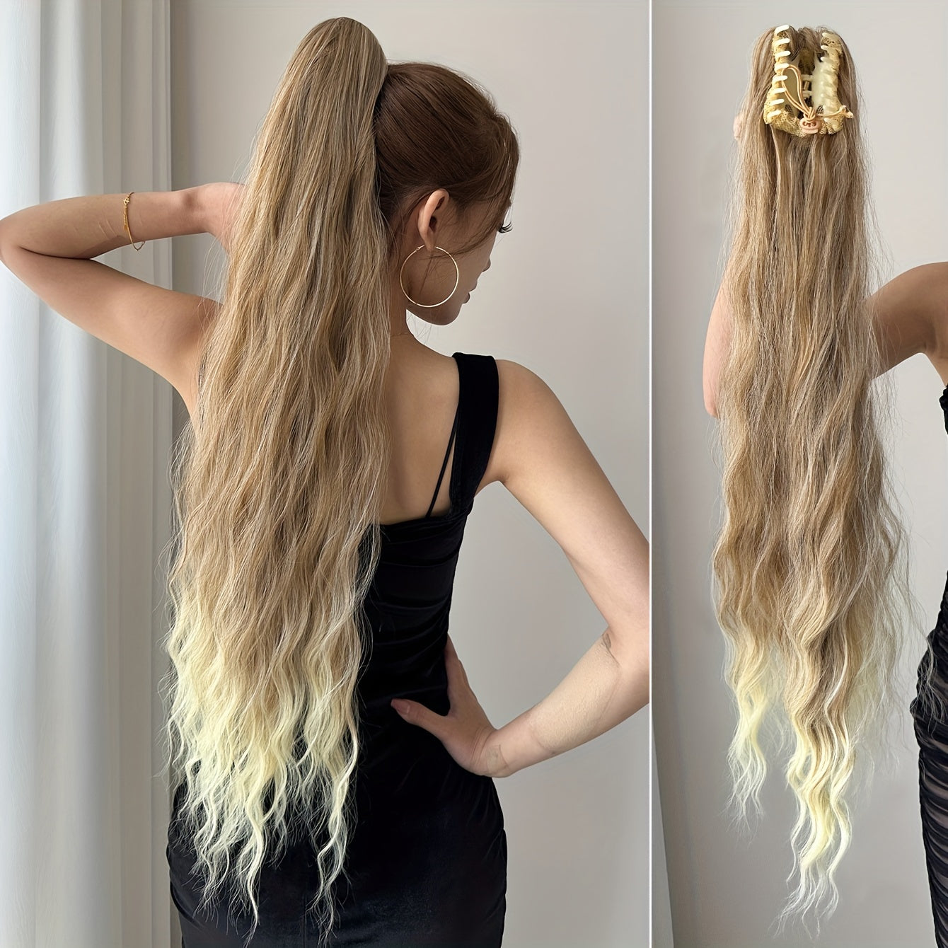 Clip-In Claw Ponytail Extension — Water Wave Wavy Curly Synthetic Hairpiece for Women (Dark Brown/Black)