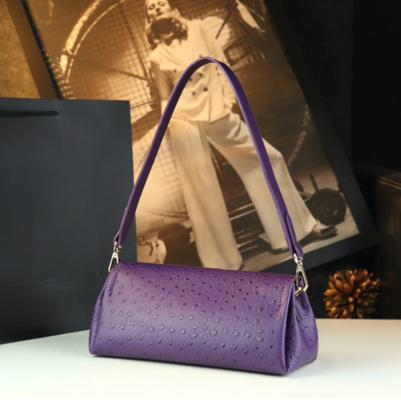 Purple Ostrich-Pattern Split Leather Baguette Bag – Vintage Women's Handbag with Removable Strap