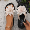 Women's Floral Embellished Flip-Flops - Fabric Upper EVA Sole, Mid Platform Heel Slip-On Vacation Sandals