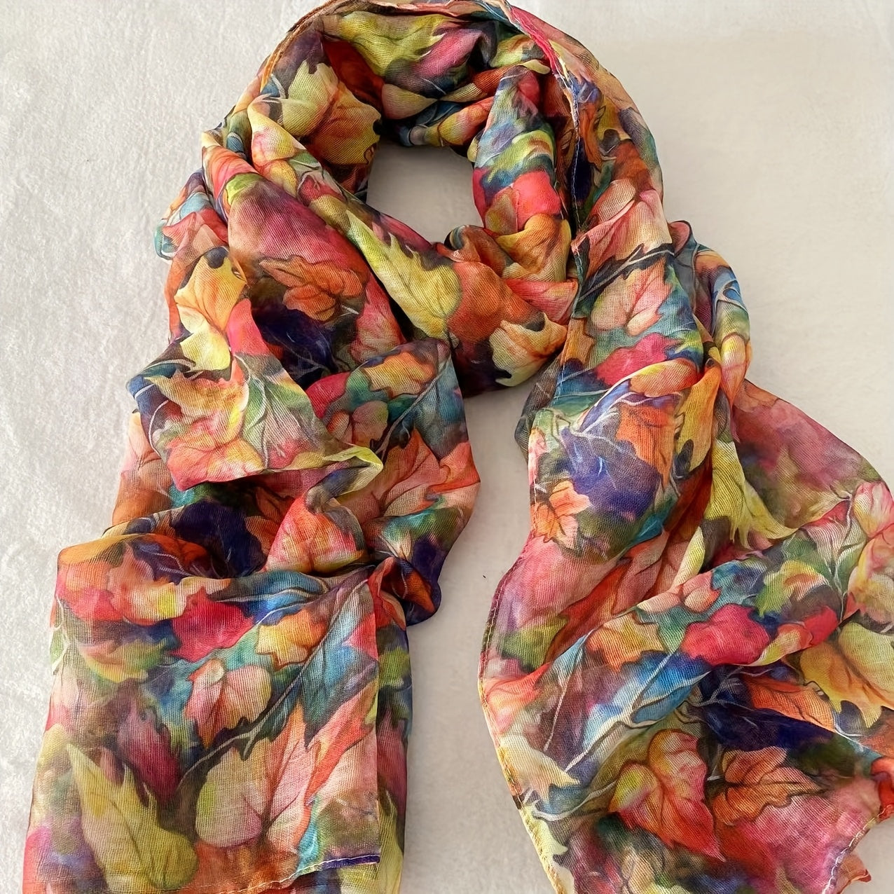 Autumn Maple Leaf Scarf for Women – Lightweight Bali Yarn Shawl, Multicolor Fall Print