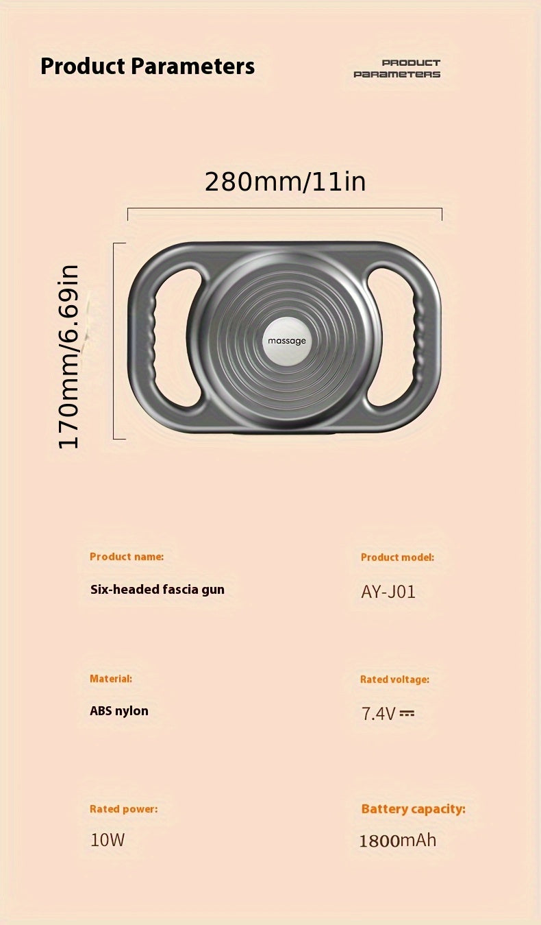 6-Head Percussion Massage Gun — Deep Tissue Massager, 44.1 lb (20 kg) Force, 9,600 RPM, 14 mm Travel, Rechargeable 1800mAh for Neck Back Legs Feet