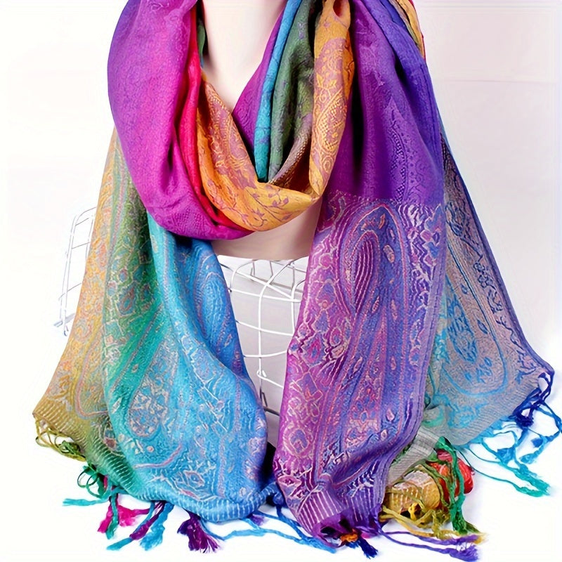 Women's Bohemian Jacquard Tassel Shawl – Rainbow Gradient Pashmina-Style Scarf, Paisley Fringed Wrap 79 x 28 in (200 x 71 cm)