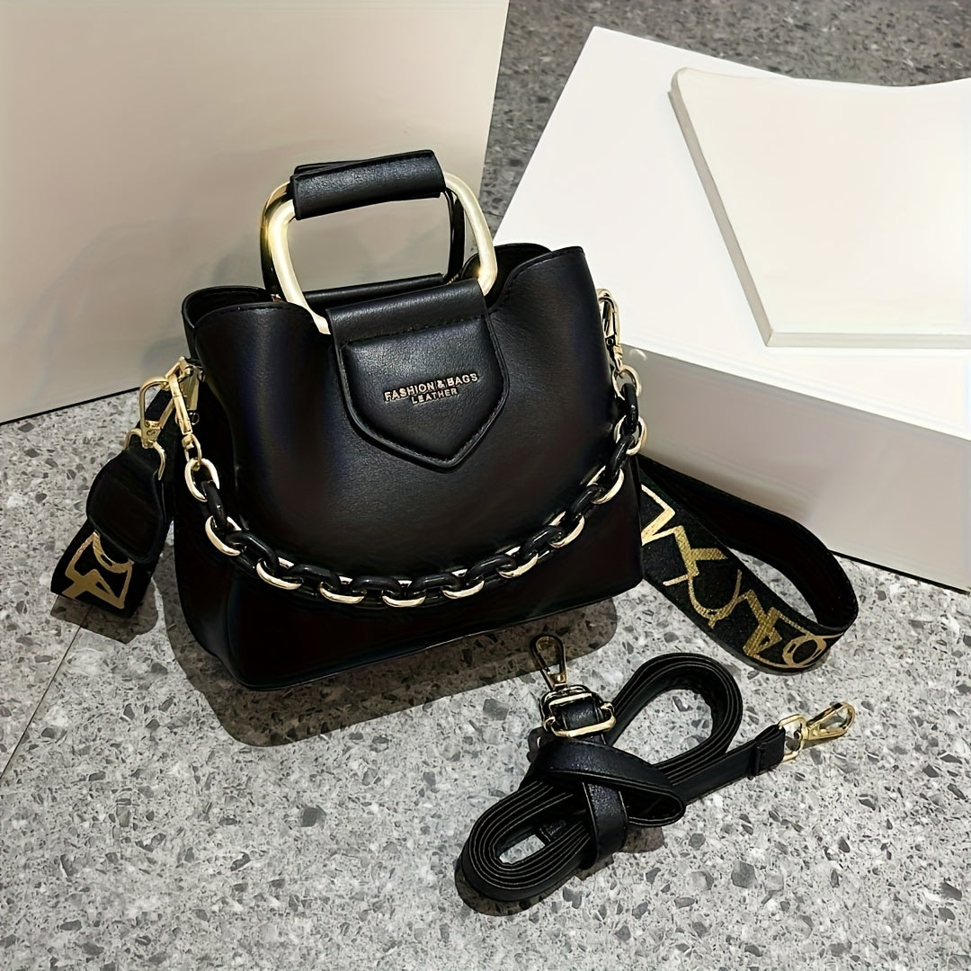 Women's PU Leather Top Handle Bucket Bag - Trendy Casual Shoulder Satchel & Messenger Purse