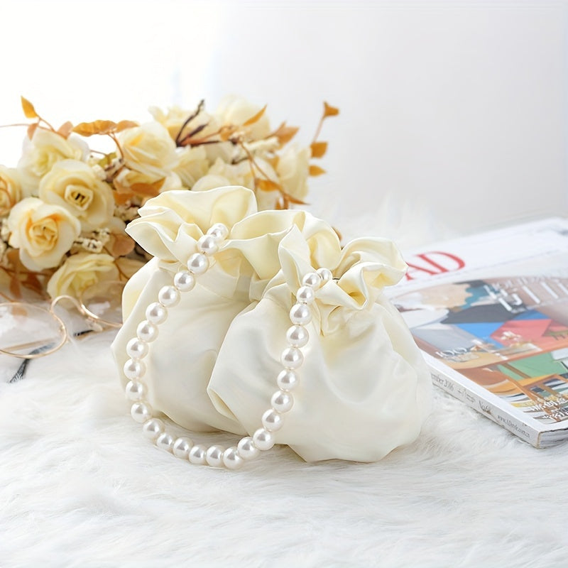 Mini Drawstring Bucket Bag with Pearl Decor – Women's Elegant Banquet Wristlet Handbag