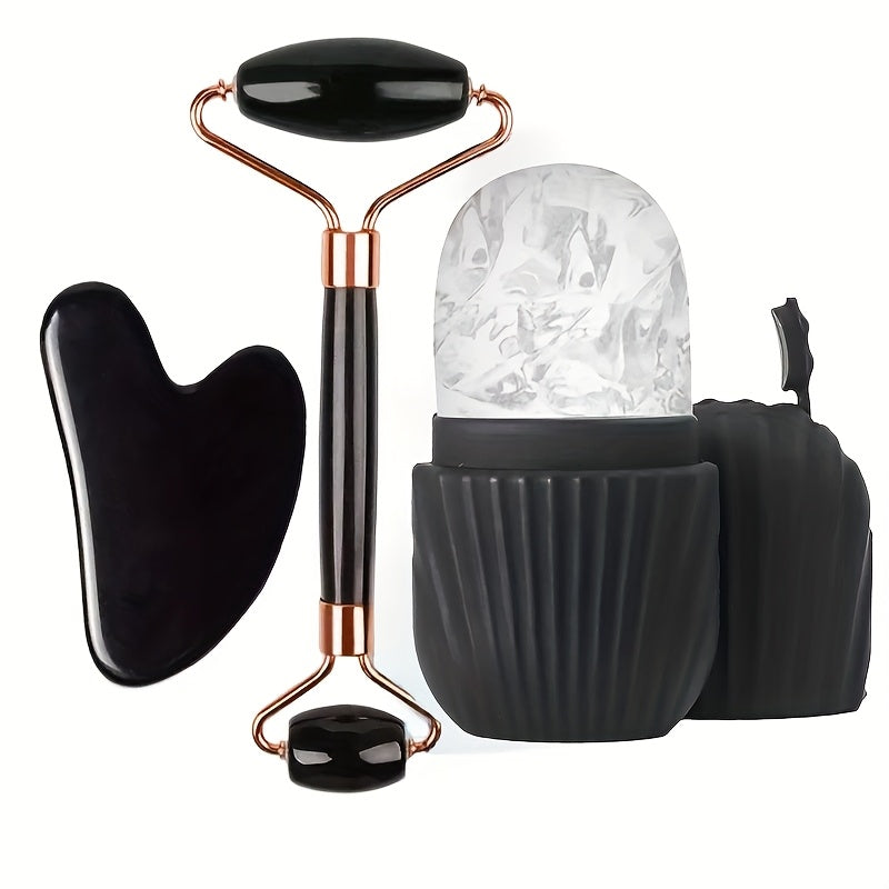 3-Piece Facial Ice Roller & Gua Sha Massage Set - Silicone Ice Grid Roller, Popsicle Ice Pack & Body/Back Scraping Board, Light Beige