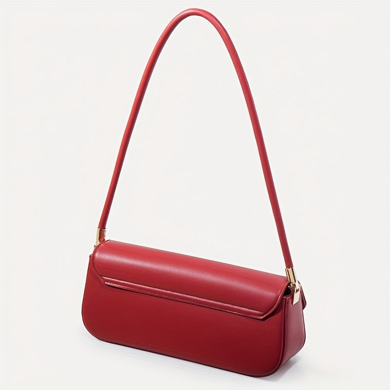 Women's French Baguette Shoulder Bag – PU Leather Baguette Purse with Gold Hardware, Compact Underarm Handbag (Burgundy / Dark Brown)