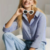 Elegant Blue Striped Lapel Shirt for Women – Versatile Button-Down, 100% Polyester