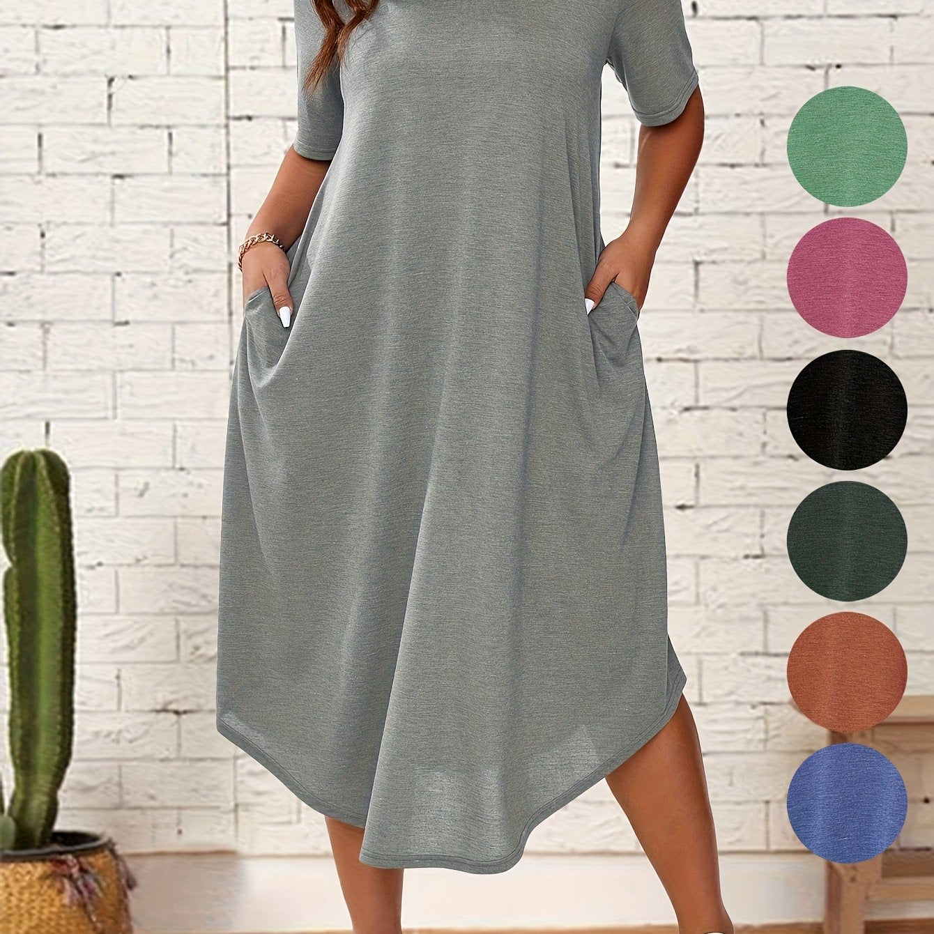 Plus Size Solid Crew Neck Tunic Dress - Casual Short Sleeve Summer Dress for Women