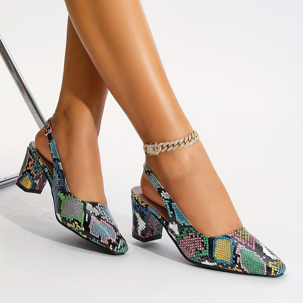 Women's Snakeskin Ankle-Strap Block Heel Square Toe Slip-On Sandals