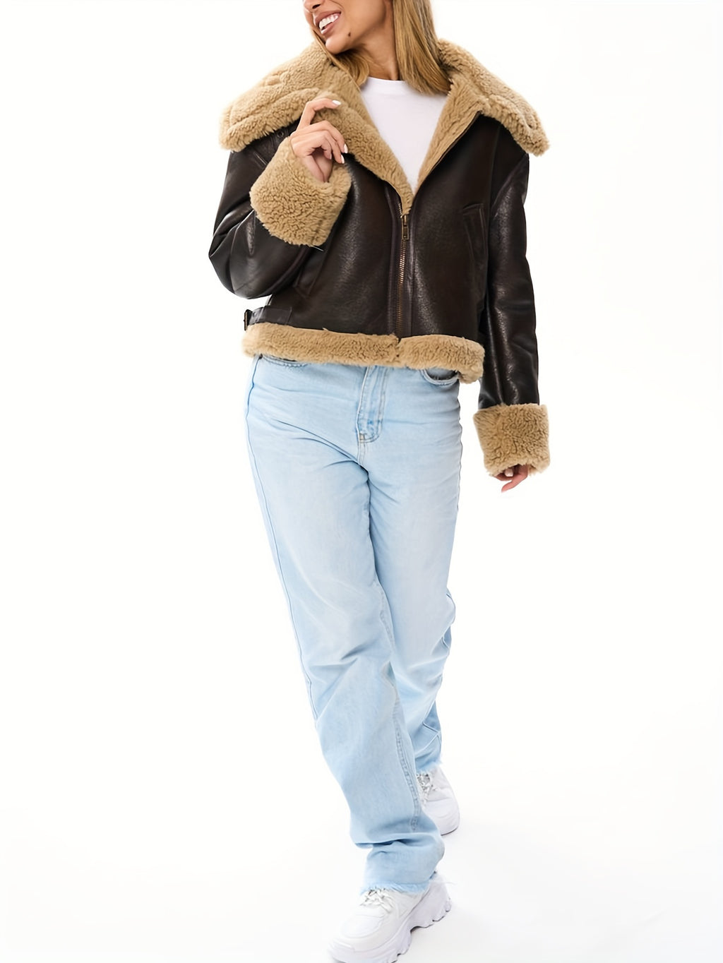 Women's Faux Leather Biker Jacket with Faux Fur Lining – Warm Winter Coat