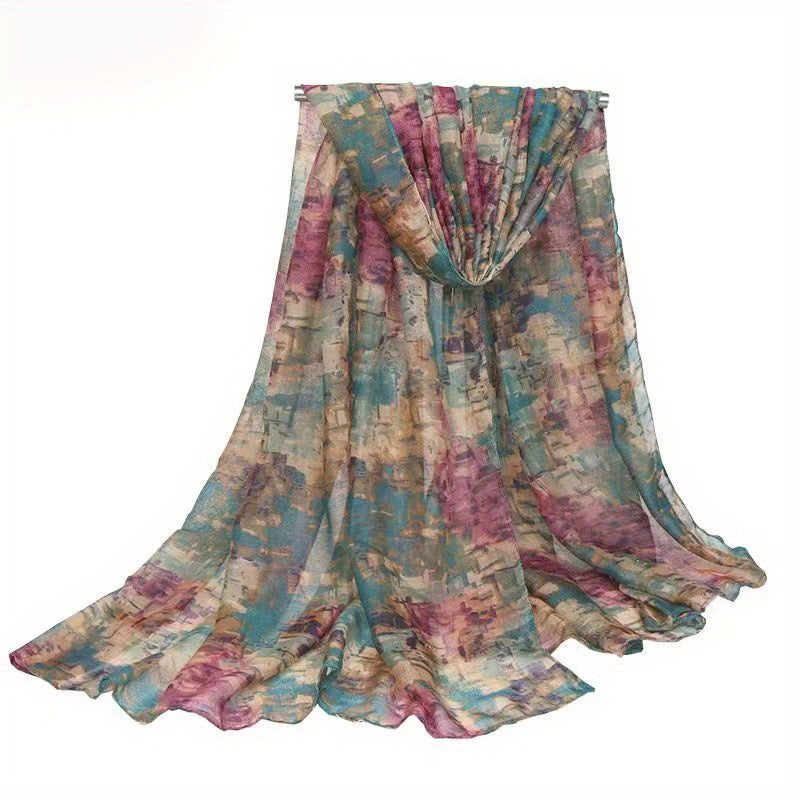 Vintage Paisley Ombre Scarf – Long 180 x 70 cm (70.85 x 27.5 in) Polyester Shawl for Women, Brown-to-Blue Geometric Floral Print