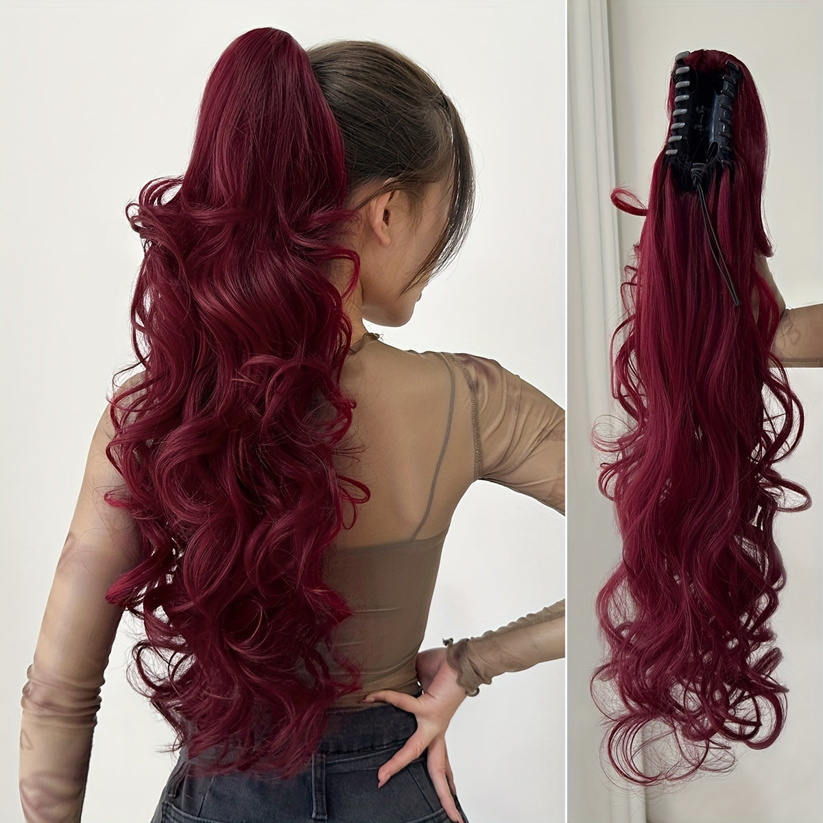 Clip-In Claw Ponytail Extension — Water Wave Wavy Curly Synthetic Hairpiece for Women (Dark Brown/Black)