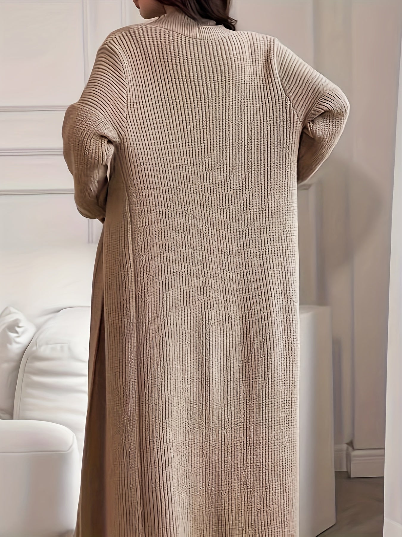 Plus Size Knit Ribbed Dress & Cardigan Set - Beige, Long Sleeve High Neck, Stretchy Fall/Winter
