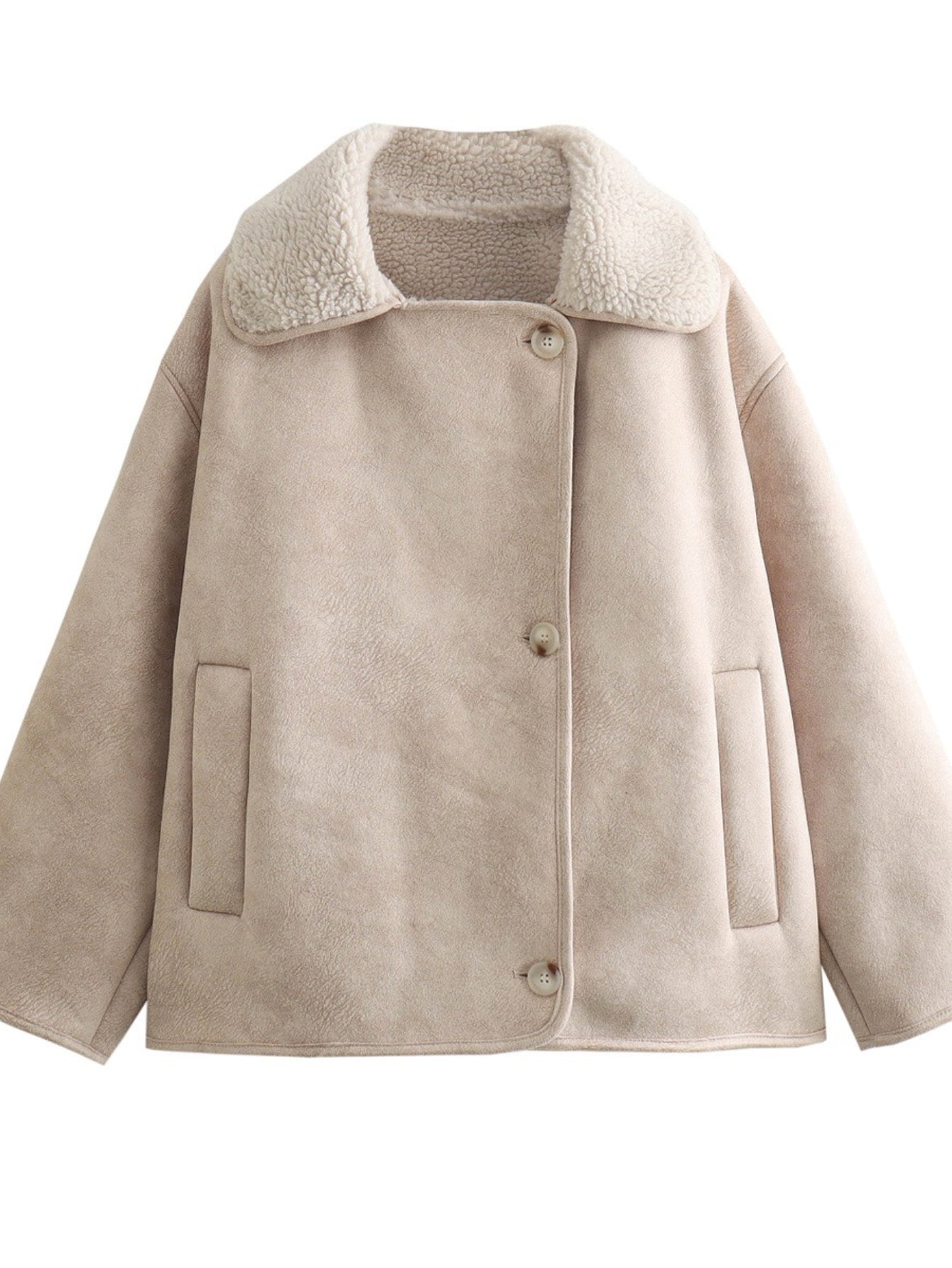 ARTPAGE Women's Suede-Like Faux Leather Jacket with Fur Lining — Short H-Line Black Winter Coat, Button Front Collar