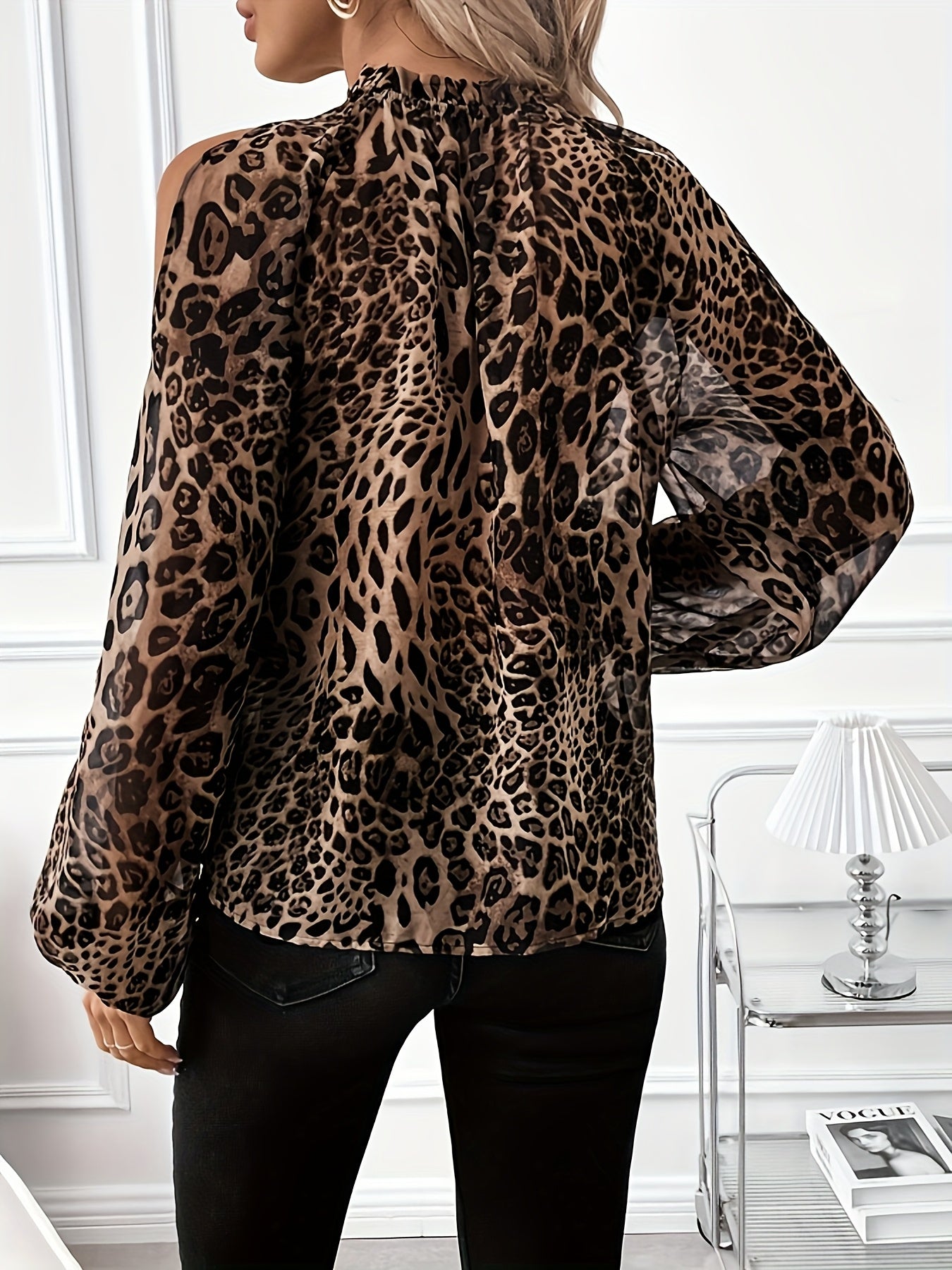 Women's Leopard Print Off-Shoulder Long Sleeve Blouse - Elegant Stand-Collar Regular Fit Fall/Winter Top