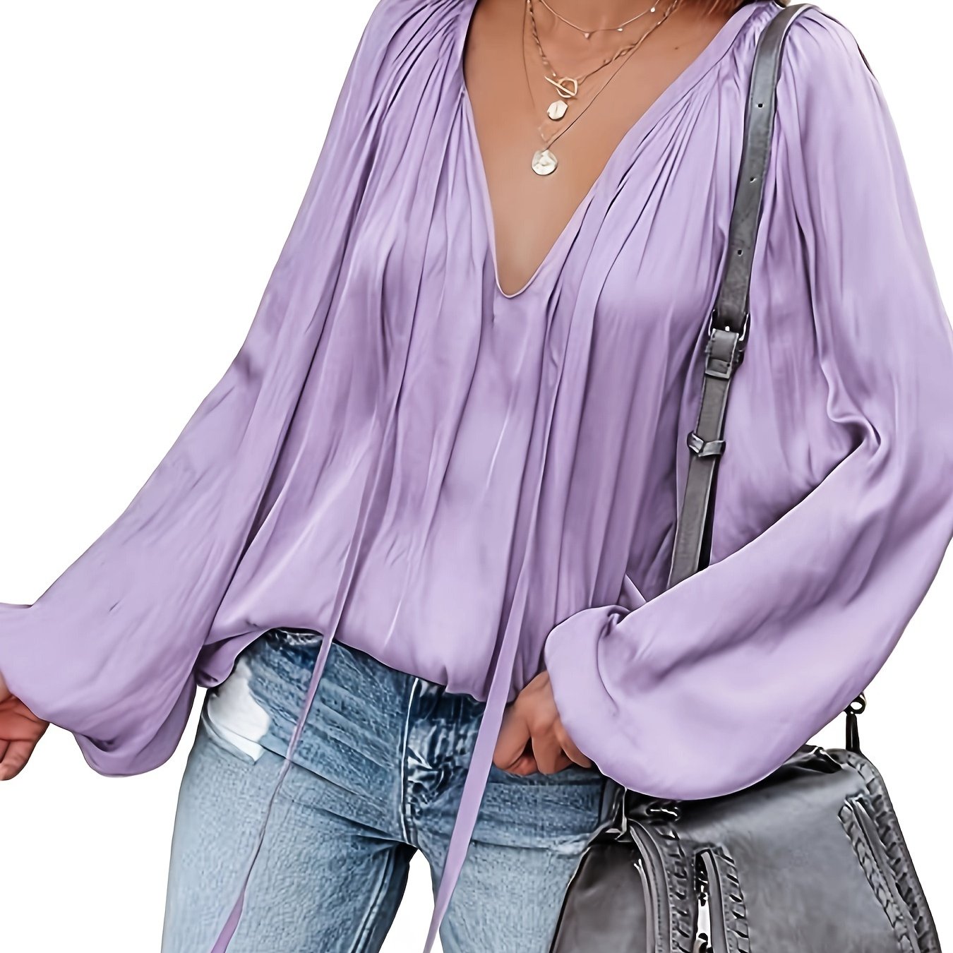 Women's Red V-Neck Long Sleeve Blouse — Elegant Office & Party Top, Machine Washable