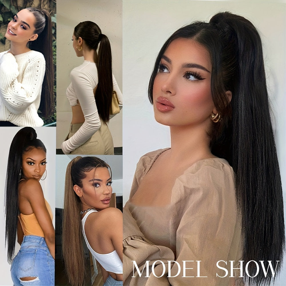 22-Inch (56 cm) Straight Synthetic Ponytail Extension with Claw Clip - Heat-Resistant Black & White Hairpiece for Women