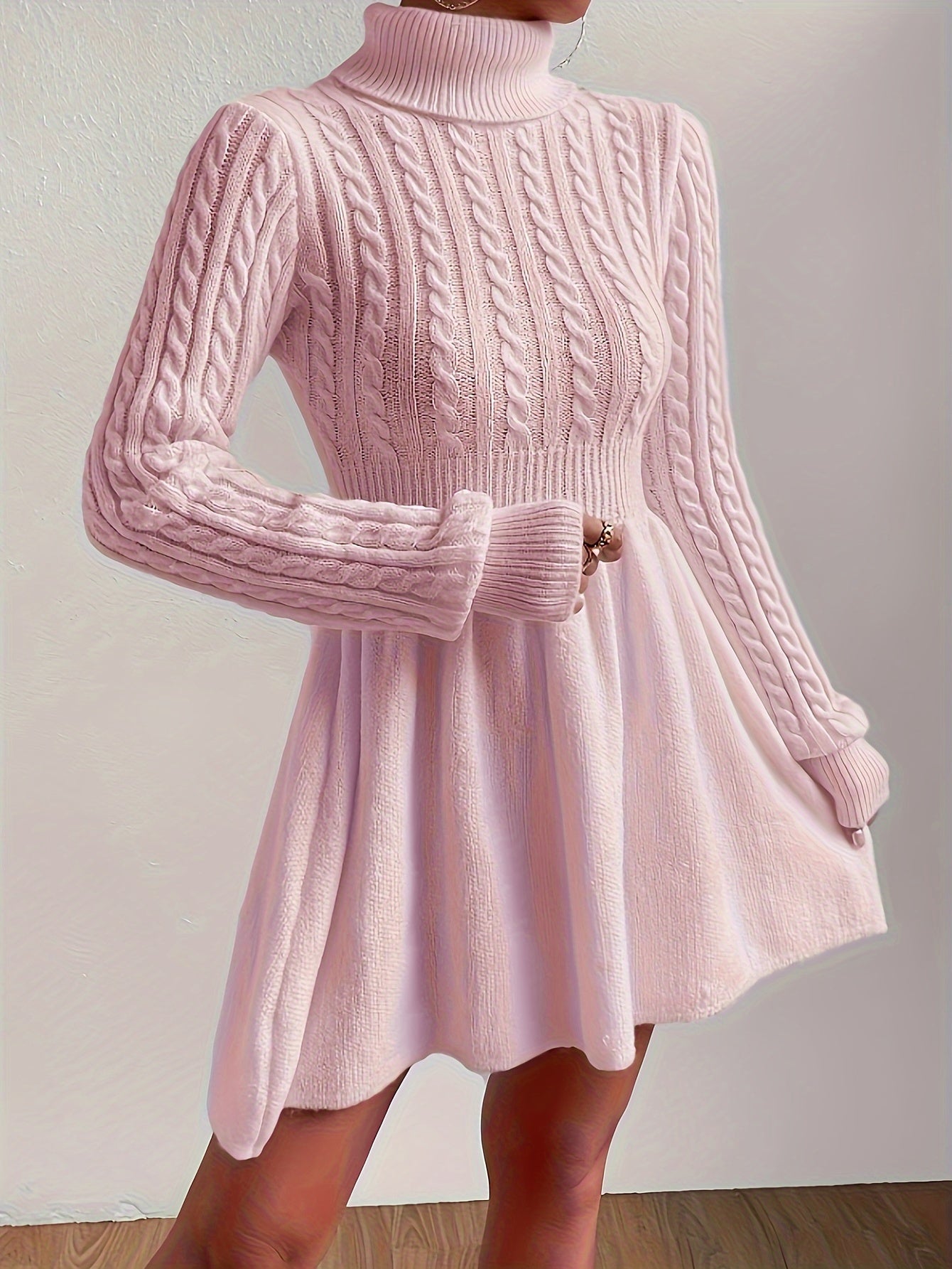 Cable Knit Turtleneck Sweater Dress - Slim-Fit A-Line Long Sleeve in Soft Pink