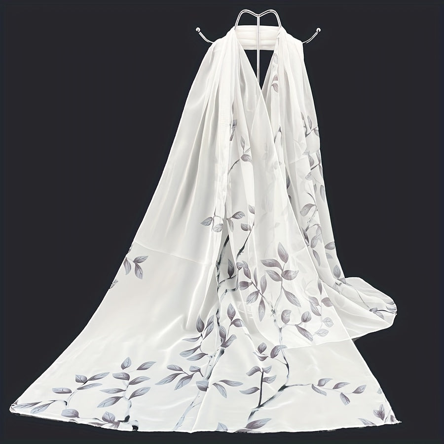 Sheer Bamboo Leaf Chiffon Shawl Scarf – Lilac & Green Lightweight Wrap for Beach, Wedding & Party, 59 x 19 in (150 x 50 cm)