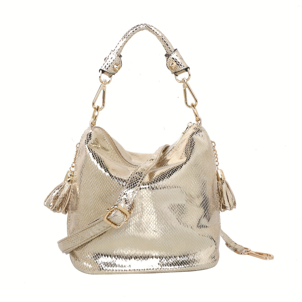 Snakeskin Faux Leather Shoulder Bag for Women - Adjustable Strap Tassel Zippered Handbag Black and Gold