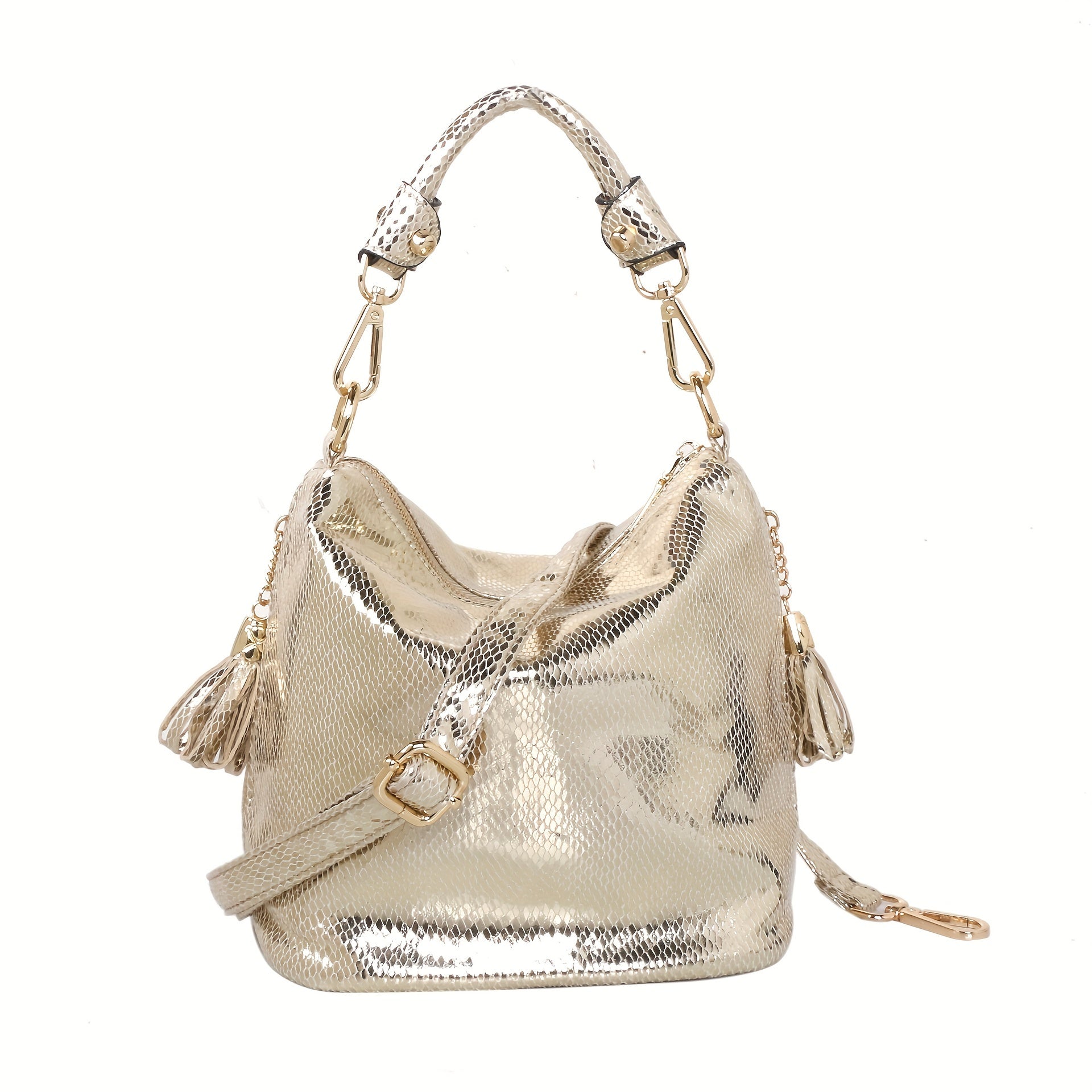 Snakeskin Faux Leather Shoulder Bag for Women - Adjustable Strap Tassel Zippered Handbag Black and Gold