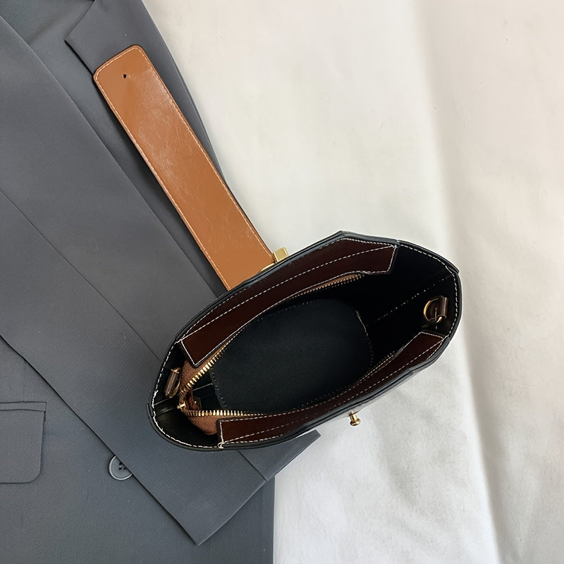 Elegant Women's PU Leather Bucket Crossbody Bag – Small Zippered Crossbody with Detachable Adjustable Strap & Gold-Tone Hardware