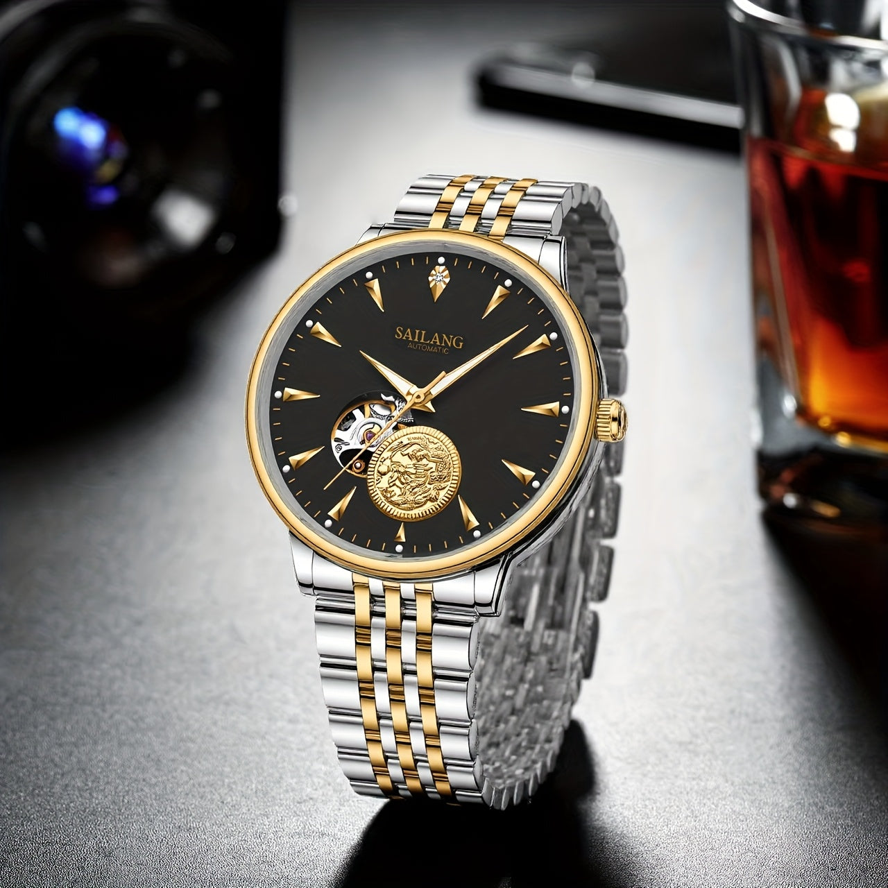 SAILANG Women's Mechanical Automatic Watch – Black Dial with Gold-Tone Hands, Alloy Case & Bracelet, Elegant Everyday & Formal Wristwatch, Gift for Her
