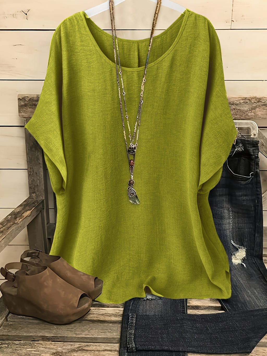 Plus Size Women's Casual Summer Batwing Sleeve Blouse - Olive Green Round Neck Short Sleeve