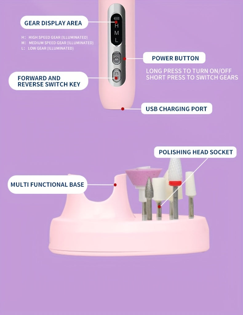 Cordless Electric Nail Drill Kit with Drill Bits & Sanding Bands, Rechargeable USB Manicure & Pedicure File for Acrylic Gel Nails (Bright Pink)