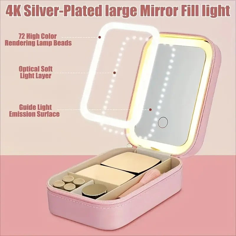 Foldable USB LED Makeup Mirror, Touch Control, 1X/10X Magnification, Adjustable Brightness, Pink Faux Leather Travel Cosmetic Organizer