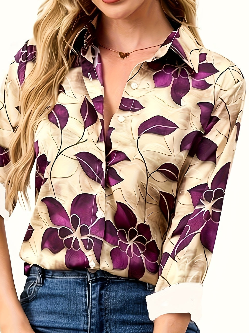 Elegant Women's Floral Blouse - Long Sleeve Button-Up with Lapel Collar, Lightweight Polyester Shirt for Office & Casual