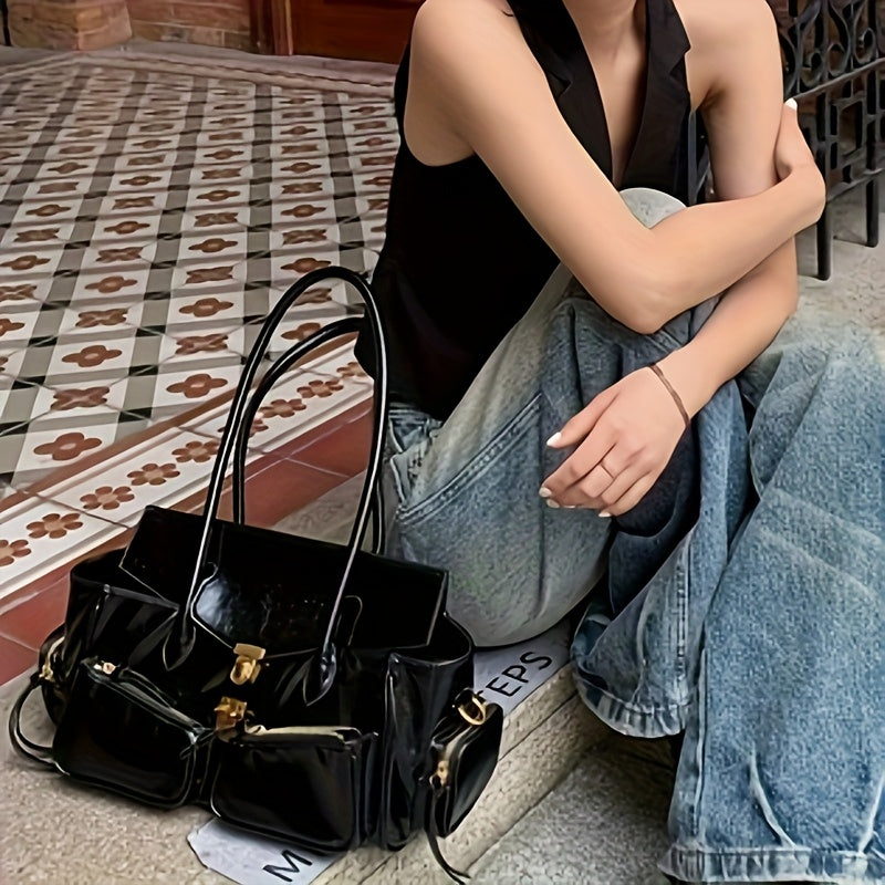 Retro French Baguette Bag - Faux Leather Kiss Lock Clutch with Long Shoulder Strap & Multi-Pocket Crossbody (Black, Dark Brown)