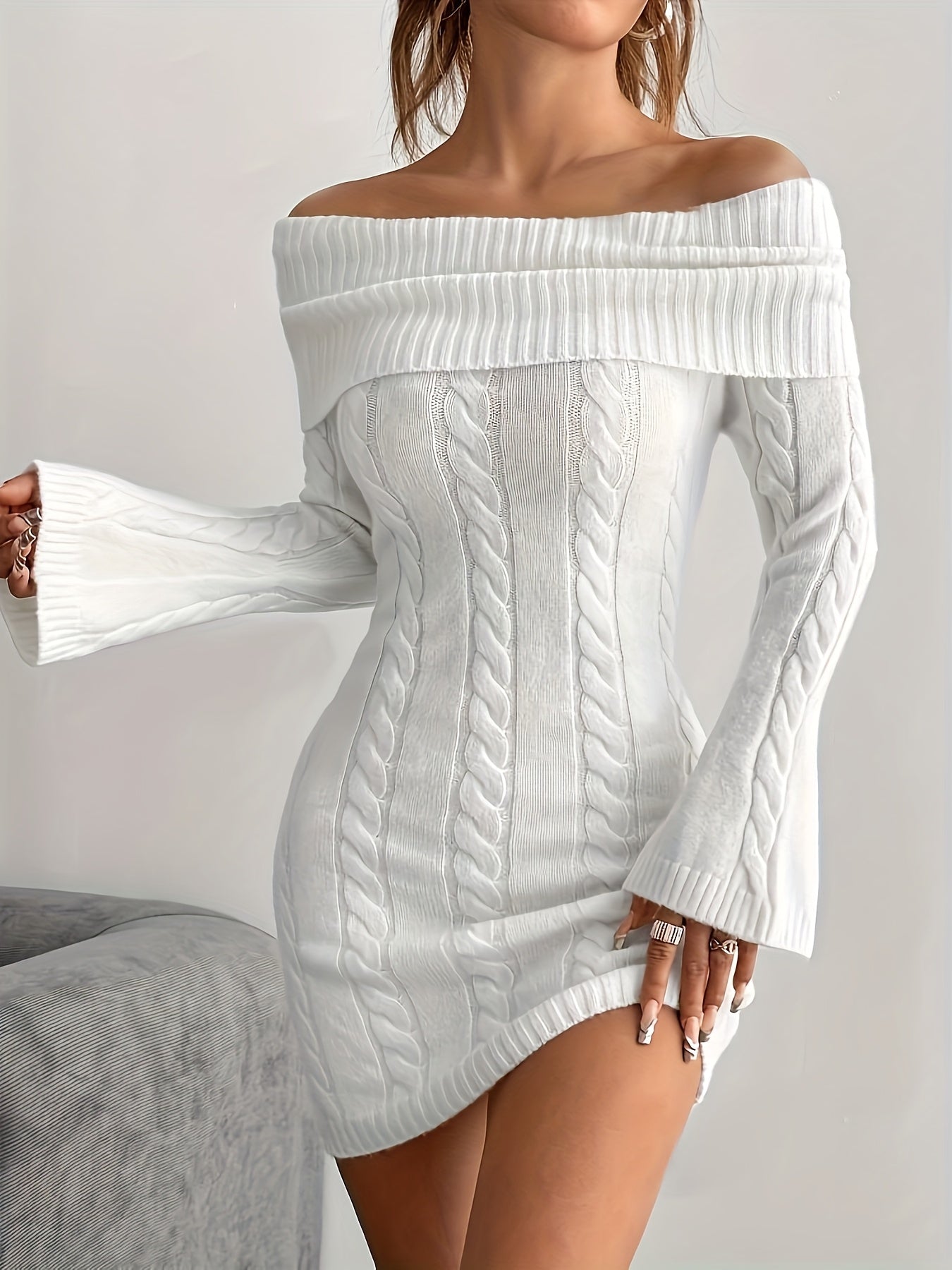 Women's Off-the-Shoulder White Cable Knit Sweater Dress - Long Sleeve A-Line for Weddings, Parties & Winter