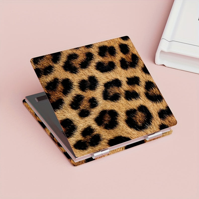 Leopard Print Foldable Double-Sided Portable Makeup Mirror, Compact Travel Vanity Mirror with Anti-Drop Glass, Powder-Coated Black Frame and Gold Hinges