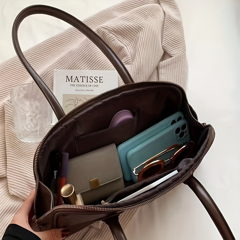 Vintage Women's Shoulder Bag – French Baguette Underarm PU Leather Bag, Zipper Closure, Black with Gold Hardware