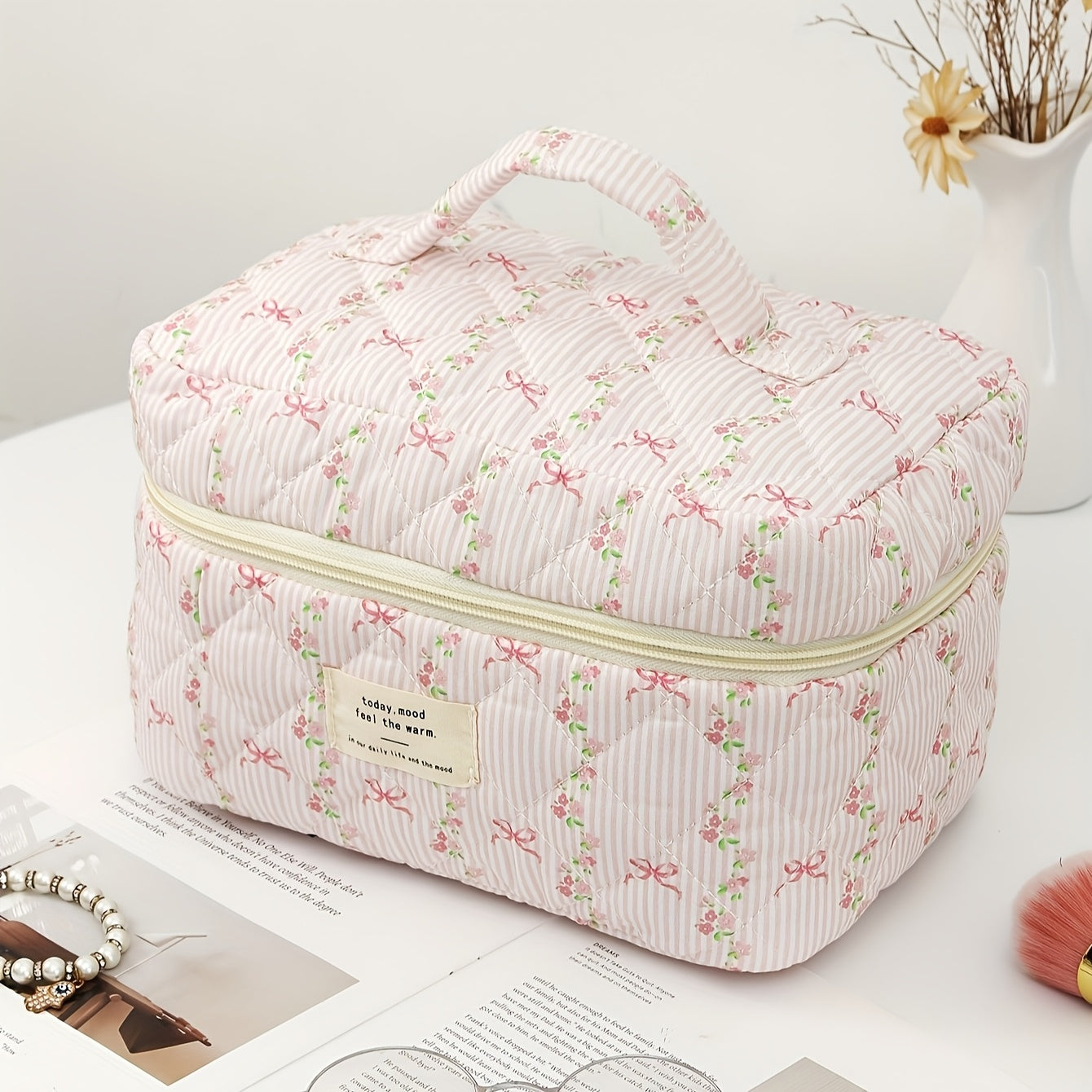 3-Pack Quilted Floral Cosmetic Bags for Women – Travel Makeup Organizer Set, Durable Polyester Pouches