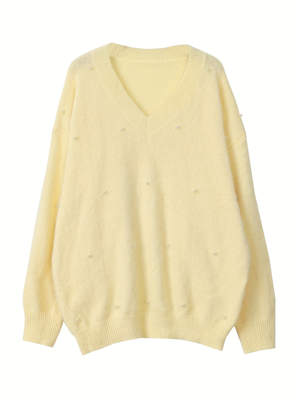 Plus Size V-Neck Sweater – Yellow Geometric Knit with Pearl Buttons & Fleece-Lined Cuffs, Asymmetrical Hem