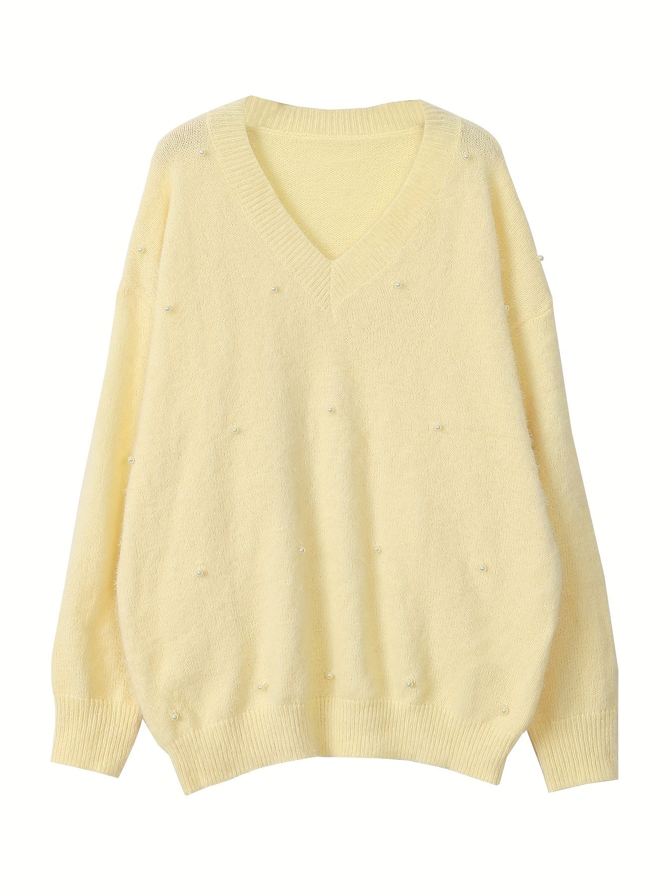Plus Size V-Neck Sweater – Yellow Geometric Knit with Pearl Buttons & Fleece-Lined Cuffs, Asymmetrical Hem