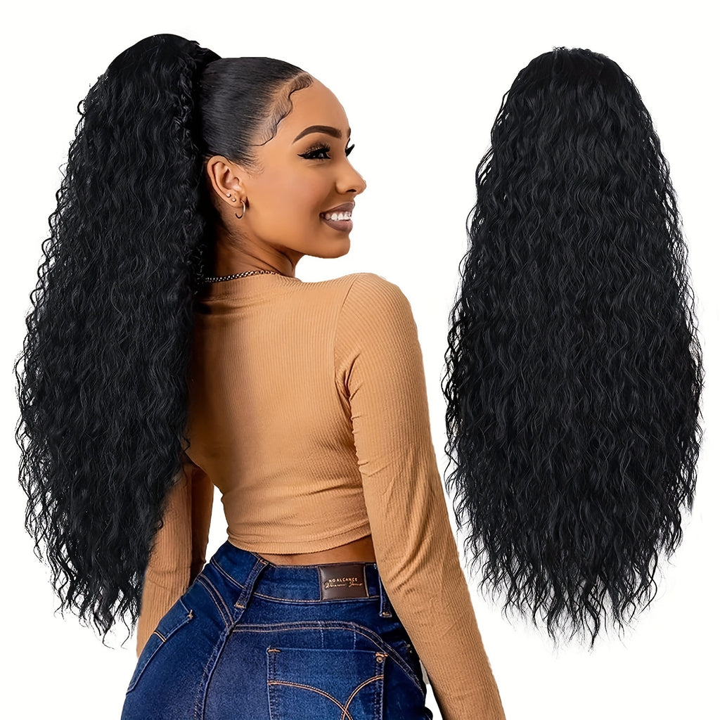 22-inch (56 cm) Water Wave Drawstring Ponytail - Synthetic Clip-In Curly Hair Extension for Women, Natural Black