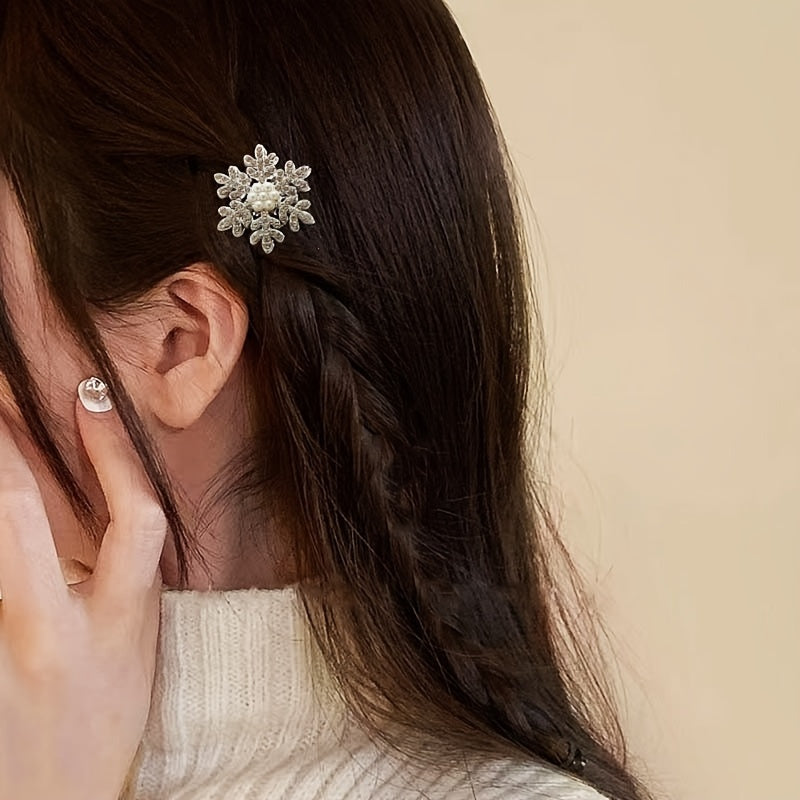 2 or 5-Piece Rhinestone Snowflake Pearl Hair Clips – Winter Christmas Side Barrettes for Women & Teens