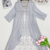 Plus Size Floral Embroidered Kimono Cardigan - Lace Trim Midi Cape, Long Sleeve Semi-Sheer