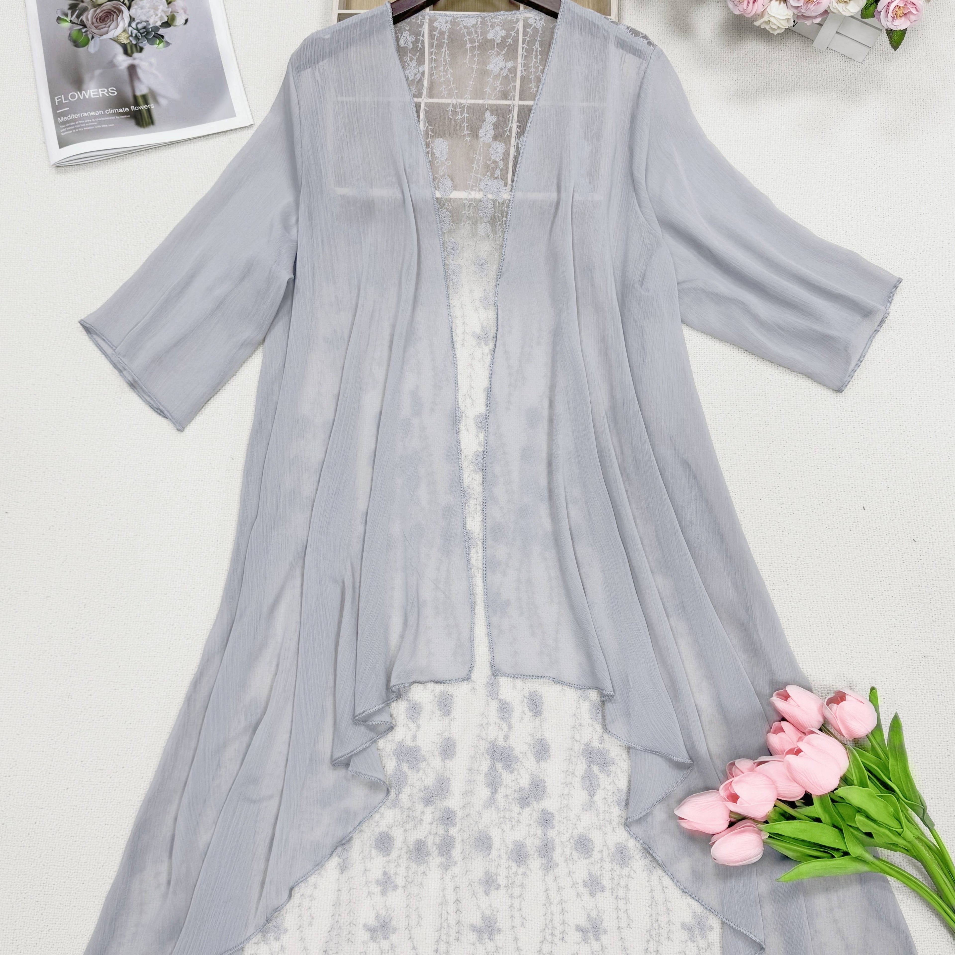 Plus Size Floral Embroidered Kimono Cardigan - Lace Trim Midi Cape, Long Sleeve Semi-Sheer