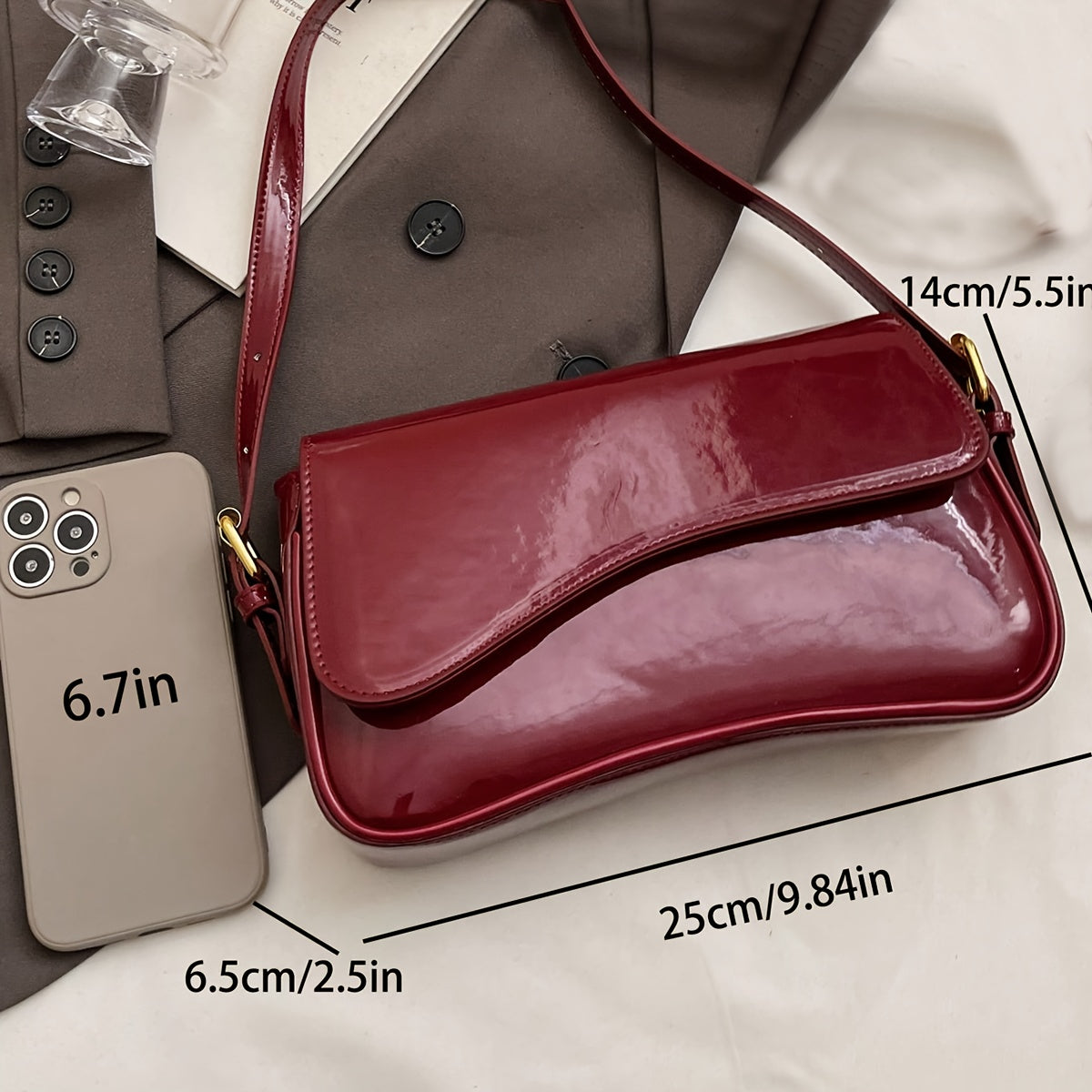 Retro Patent Faux Leather Women's Baguette Flap Handbag - Removable Strap, Underarm/Shoulder Minimalist Elegant Bag