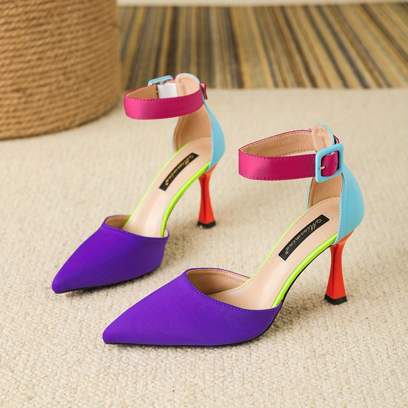 French-Inspired Pointed Toe Stiletto Pumps with Ankle Strap – Comfortable High Heel Evening & Office Shoes (Blue, Pink, Purple)