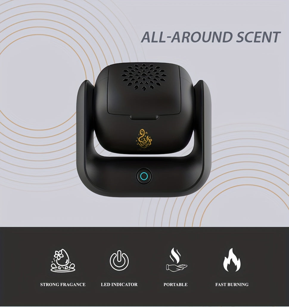 Rechargeable Portable Arabic Incense Holder & Aroma Diffuser — Rotatable ABS Calligraphy Logo, USB 1500mAh for Home, Office & Car