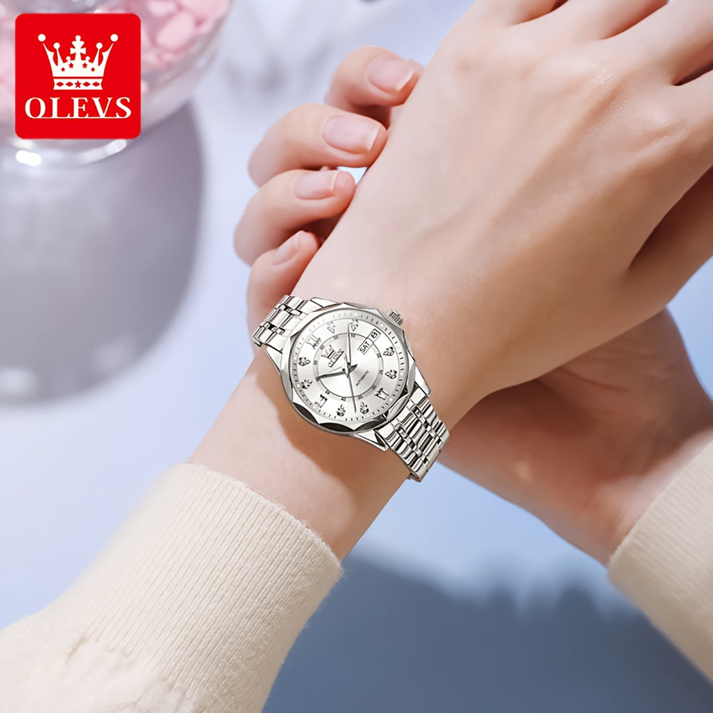 OLEVS Women's Automatic Mechanical Watch - Stainless Steel Dual Calendar Luminous Rectangular Case