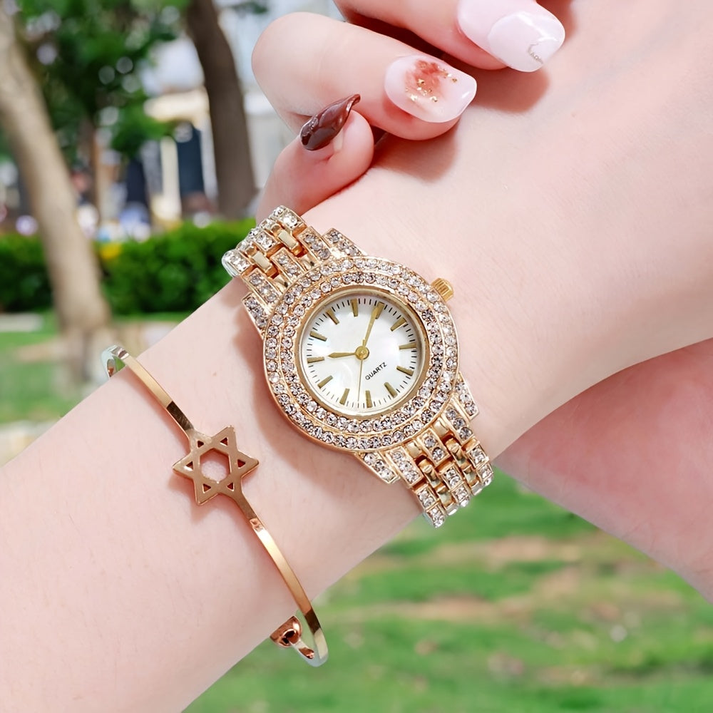 Elegant Women's Rhinestone-Embellished Alloy Watch with Star Charm Bracelet – Round Mechanical Fashion Watch