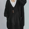 Plus Size Women's Oversized V-Neck Longline Sweater - Soft Ribbed Viscose Knit, Machine-Washable Black Pullover for Fall/Winter